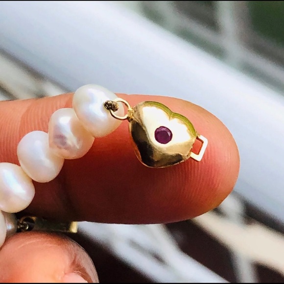 Vintage 14K Gold Ruby Heart Gem Insert Pearl Bracelet - Picture 8 of 8